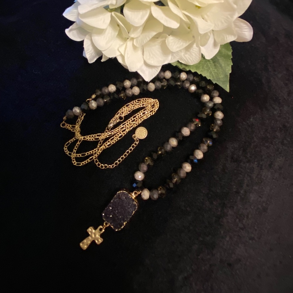 Beaded Crystal Necklace with Black Druzy Pendant & Gold-tone Cross